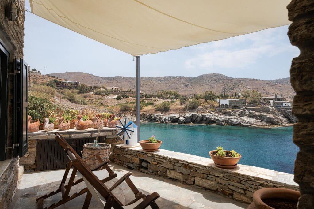 Expansive balcony with stunning views of the Aegean Sea at Kea Blue Heaven